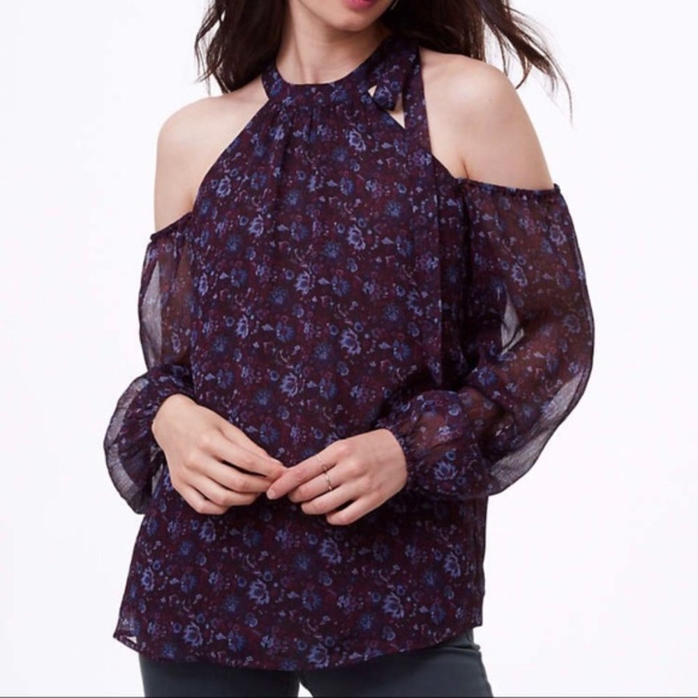 EUC LOFT Floral Halter Cold Shoulder Blouse, Small